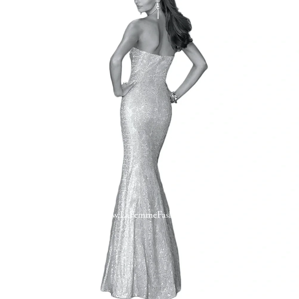 La Femme Navy Blue Floral Strapless Sequin Dress Gown
